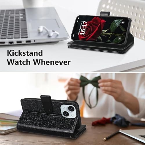 Varikke for iPhone 15 Case Wallet Strong Magnetic Detachable, Black | Magnetic Detachable Phone Cover, with 9-Card Holder Slots, Glitter PU Leather Flip Removable Wallet for Women with Wristlet thumbnail 8