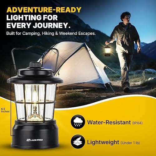 LUXPRO Retro LED Lantern - Battery-Powered Emergency Lantern - Water Resistant - Bright LED Lamp for Indoor & Outdoor Use - Use for Tents, Hiking or Hurricane Prep (Black, Pack of 1) thumbnail 7