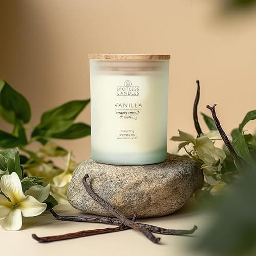 Vanilla Candle 9.7 oz: 55 Hrs Burn Time - Vanilla Scented Candles in Frosted Glass Jar with Wooden Crackling Wick in a Luxurious Gold Foil Lined Gift Box thumbnail 9