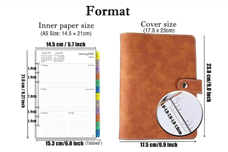 Diary 2026 Week to View A5 Refillable, Annual Monthly & Weekly Planner with Tabs, Password, Notes, Contact, UK Holiday, Pocket & Pen Loop, PU Leather Softcover, Personal Organiser, Jan.26 - Dec.26 thumbnail 3