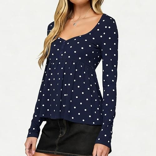 Baynoyia Women Babydoll Shirt Long Sleeve Henley Polka Dot Peplum Top Y2K | Button Up Neck thumbnail 4