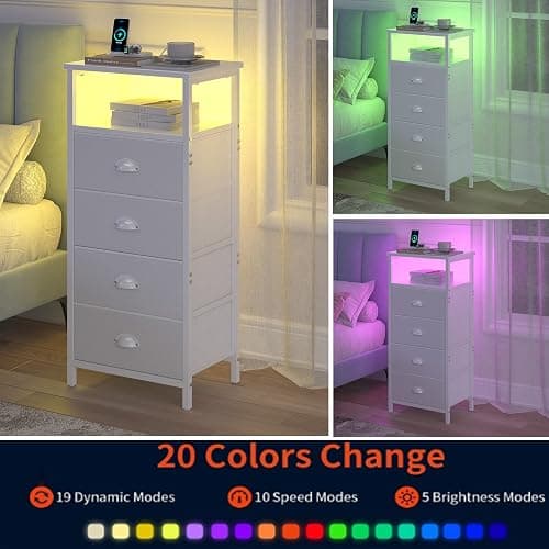 sthmec Nightstand with Charging Station,LED White Nightstand with 4 Fabric Drawers PU Finish, Bedside End Tables, 2-Tier Open Storage Shelf Side Table Nightstand with Drawers for Bedroom,White thumbnail 6
