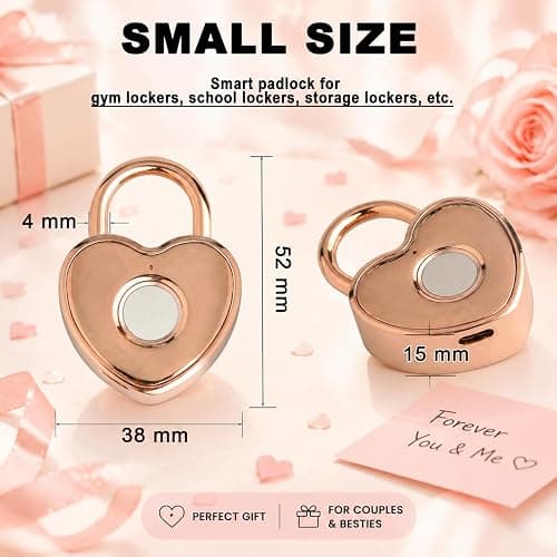Tcyoatoa Fingerprint Padlock for Gym Locker, Heart Shaped, Rose Gold | Rechargeable Cute Smart Lock,10-Fingerprint Memory, Ideal Gift for Jewelry Boxes, Cosmetic Cases, Suitcases, Travel, School thumbnail 3