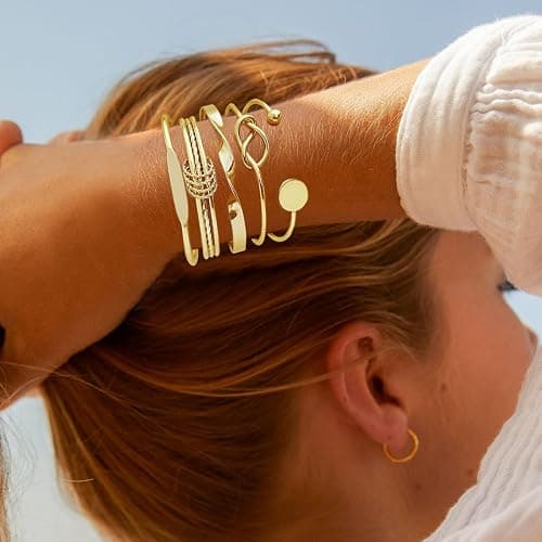 Gold Bangle Bracelets for Women, 14k Gold Plated Multi Layer Cuff Bangles Set, Stackable Boho Non Tarnish Elegance Smooth Bangle Jewelry Gifts for Her thumbnail 3