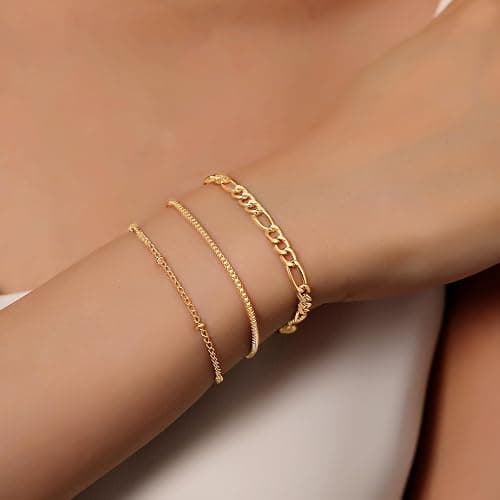 MKLUUO Gold Bracelets for Women, Dainty Adjustable 14K Gold Plated Herringbone Link Bracelet Set, Trendy Stack Paperclip Chain Gold Bracelet Gift for Women thumbnail 5