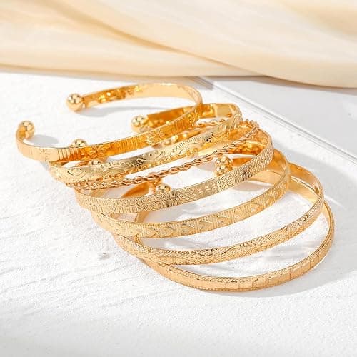 IFKM Gold Bangles Bracelets for Women Girls 14k Gold Plated Multi Layer Stackable Cuff Bracelet Set thumbnail 5
