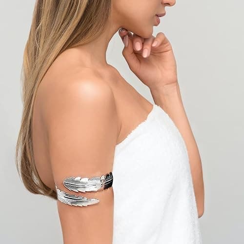 EIELO 6-10Pcs Arm Cuff Bracelets for Women Upper Arm Bands Snake Feather Armband Greek Goddess Filigree Swirl Boho Armlet Cuff Bangle Adjustable Golden/Silvery Arm Bracelet Set thumbnail 5