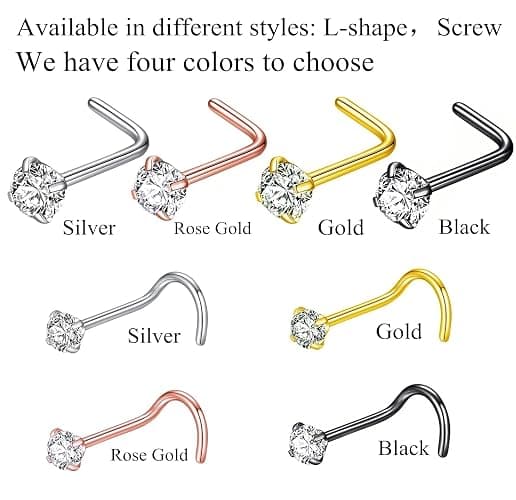BLESSMYLOVE 316L Surgical Steel 22g/20g/18g Nose Rings Studs L-Shape Nose Nostrial Piercing Body Jewerly L Shaped Nose Studs 1.5mm 2mm 2.5mm 3mm CZ Nose Screw Studs Rings for Women thumbnail 4