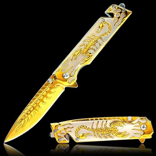 Vividstill Pocket Knife for Men, Cool Folding Knife With 3D Embossed pattern, Great Gift Edc Knife For Men Outdoor Survival Camping (golden) - Image 1