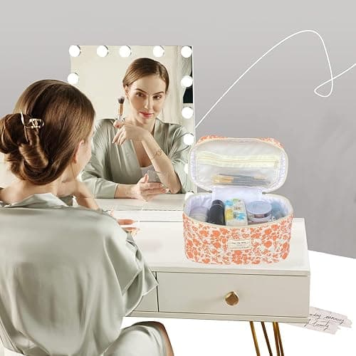 WYJ Orange Large Quilted Floral Makeup Bag Cute Soft Coquette Aesthetic Cosmetic Bag Cotton Travel Toiletry Bag for Women thumbnail 6