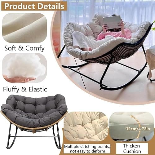 Indoor Outdoor Rocking Chair Cushion, Thicken Waterproof Patio Papasan Rocking Egg Chair Cushion (Only Cushion) for Patio, Garden, Living Room, Sun Lou(Grey) thumbnail 7