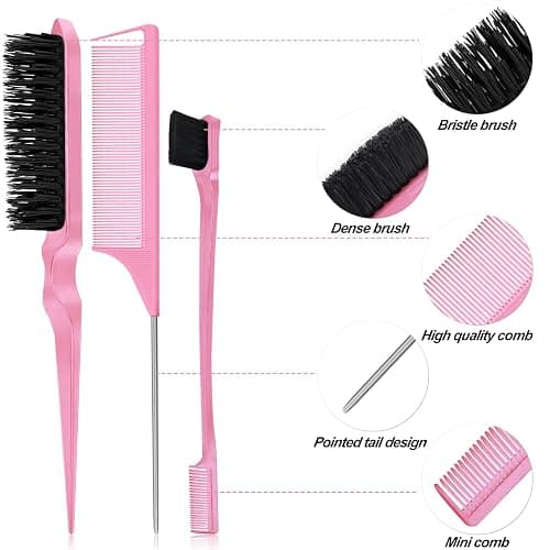 Qufiiry 3-Piece Hair Slick-Back Brush Set - Teasing & Edges Brush for Women's Salon Styling - Pink thumbnail 3