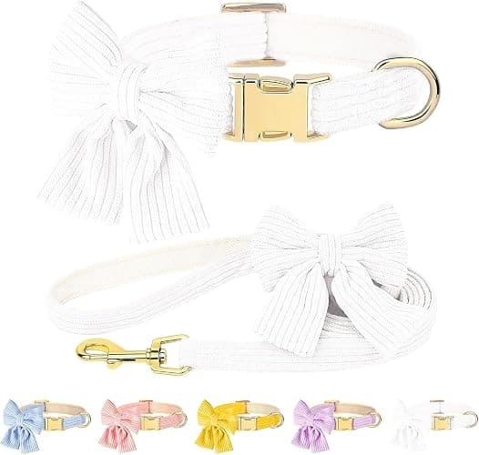 RoseYouth Dog Collar and Leash Set with Bowtie, Soft & Cute Puppy Collar, Cotton Puppy Collar with Adjustable Metal Buckle for Small, Medium Dog (White, Size S: Neck 10"-16") - Image 1