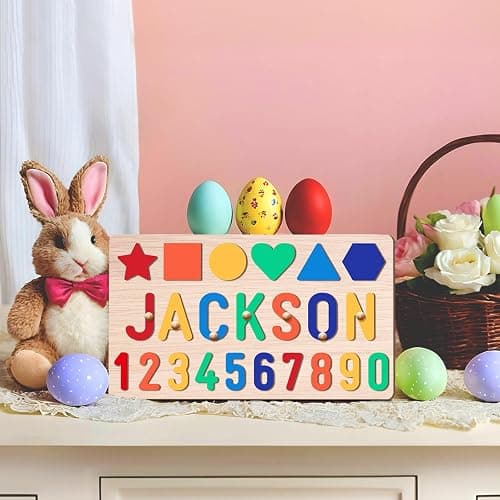 AZUFEMOS Personalized Name Puzzle for Kids, Personalized Baby Gifts Name Puzzles for Toddlers 1-3, 1st Birthday for Girls & Boys Wooden Alphabet & Shape Puzzle Montessor Toys for Kids - Number Puzzle thumbnail 2