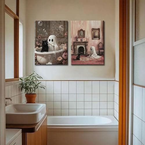 Doqueodas 2 Pcs Framed Vintage Ghost and Cat Canvas Wall Art, Gothic Dark Collegiate Style Paintings Artwork Fun Halloween Posters Prints for Bathroom Living Room Dormitory Wall Decor 12x16 Inch thumbnail 2