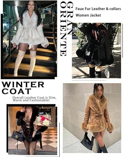 GRAN ORIENTE Women's Faux Leather Jacket with Faux Fur Collar, Winter Long Sleeve Furry Trim Peplum Parka Coat with Belt thumbnail 5