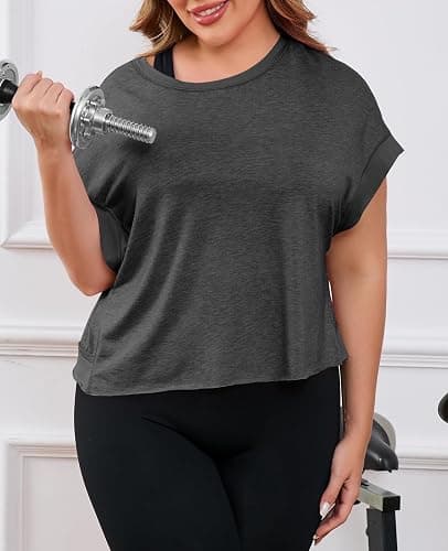 Fisoew Womens Plus Size Open Back Workout Tops Backless Athletic Shirt | Short Sleeve, Running Crop Top, Gym Yoga T-Shirt thumbnail 2