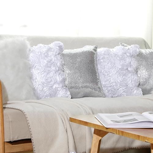 Oudain 6 Pcs Decorative 3D Rose Flower Pillow Cover, 16 x 16 Inch Faux Fur Throw Pillow Covers for Bed Square Sofa Bedroom Car(White, Silver) thumbnail 6