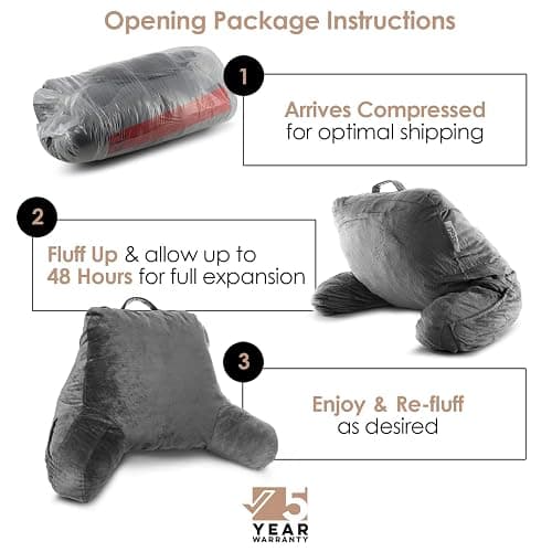 Nestl Reading Pillow Standard Bed Pillow, Back Pillow for Sitting in Bed Shredded Memory Foam Chair Pillow, Reading & Bed Rest Pillows Grey Back Pillow for Bed, Bed Chair Arm Pillow with Pockets - Standard - 07 - Dark Grey thumbnail 2