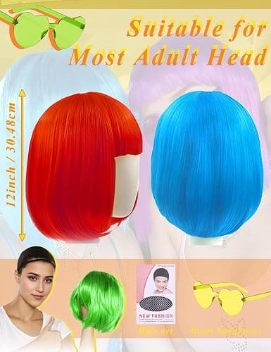 LOHO MAGICA 9 Pack Colored Wigs, Funky Colorful Wigs, Short Bob Hair Wigs, Neon Party Wig, Cosplay Wig with Rimless Heart Shape Sunglasses - One Size for All Women Adults Halloween Costume Night Club thumbnail 3