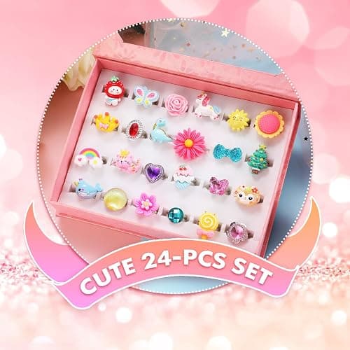 PinkSheep Little Girl Jewel Rings in Box, Adjustable, No Duplication, Girl Pretend Play and Dress Up Rings (24 Lovely Ring) thumbnail 3