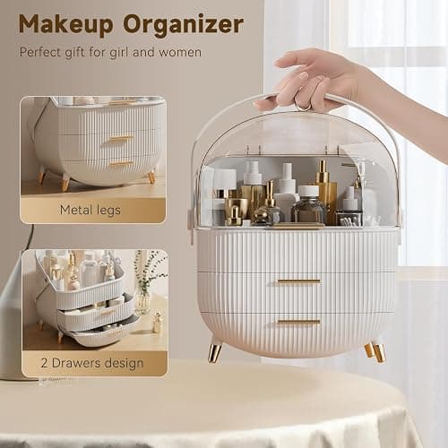 BTGGG Makeup Organizers, Make Up Organizer for Vanity, Countertop Cosmetic Storage with Drawers and Transparent Cover for Bedroom Bathroom, White thumbnail 3