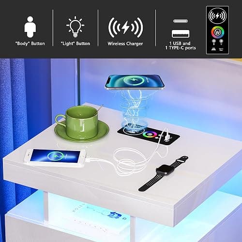 HNEBC Auto LED Nightstand with Wireless Charging Station & USB Ports,High Gloss Bedside Tables with 2 Drawers,Floating Nightstand with 3 Color & Adjustable Brightness for Bedroom,White thumbnail 4