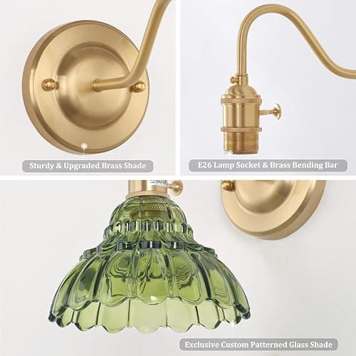 Shenmoyl Battery Operated Wall Sconce Set of 2, Vintage Rechargeable Wall Lights with Green Lily Glass Shade, Wireless Indoor Wall Lamp with Remote for Bedroom Living Room Bathroom thumbnail 6