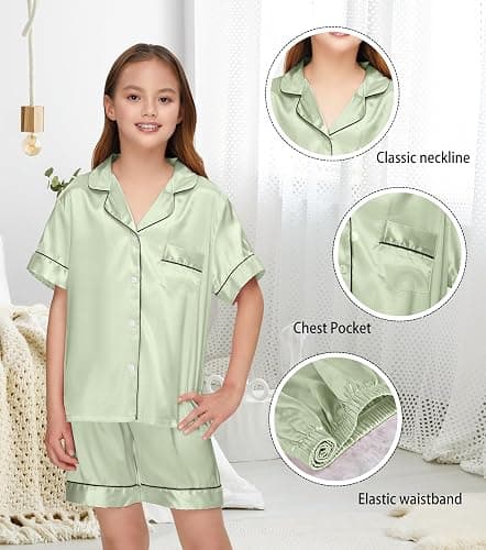 ALHAVONE Kids Silk Pajamas Girls Satin Pajama Set Button Down Pjs Set 5-12Y | Button-down top with pocket, elastic waist bottoms. 3 accessories. Ideal for sleep, birthday, spa party, Christmas, gifting thumbnail 5