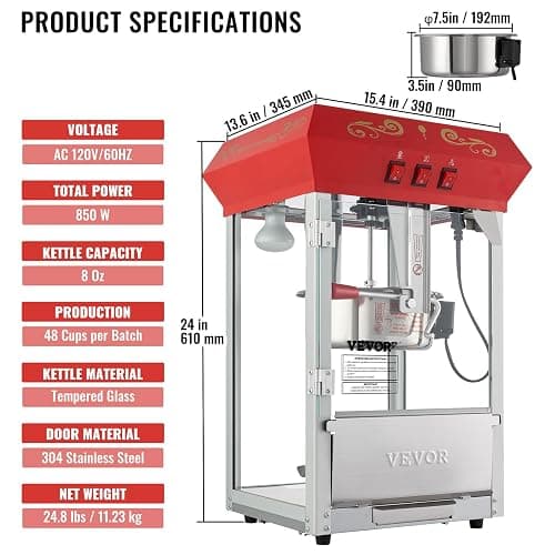 VEVOR Commercial Popcorn Machine, 8 Oz Kettle, 850 W Countertop Popcorn Maker for 48 Cups per Batch, Theater Style Popper with 3-Switch Control Steel Frame Tempered Glass Doors 2 Scoops 2 Spoons, Red thumbnail 3