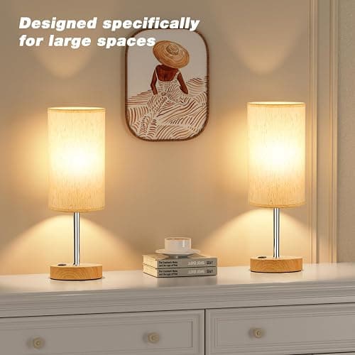 Fenmzee Touch Table Lamp - Cream, 3-Way Dimmable, USB A + C Charging, AC Outlet, 17.4inch Medium, Wood Grain Base thumbnail 7