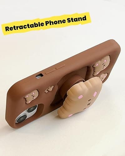 TUFTA Kawaii 3D Teddy Bear Phone Case for iPhone 15 (with Retractable Phone Stand & Grip) Cute Girly Cartoon Soft Silicone Phone Cover for Girls, Kids, Teens, and Women, Brown thumbnail 3