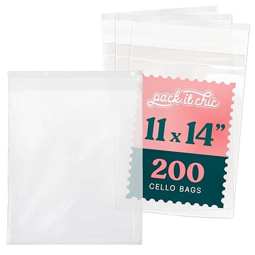 11x14 Self Sealing Cellophane Bags (200 Pack) - Resealable Adhesive | Clear Poly Bags, Plastic Sleeves for Gifts, Photos, Prints, Envelopes, Documents - Pack It Chic - Image 1