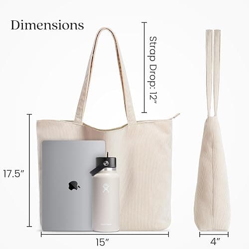 VANDEL Corduroy Tote Bag for Women and Men with Zipper and Inner Pockets. Cute School Tote Bag with Zipper, Aesthetic thumbnail 4