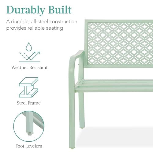 Best Choice Products Outdoor Bench 2-Person Metal Steel Benches Furniture for Garden, Patio, Porch, Entryway w/Geometric Backrest, 790lb Capacity - Mint Green thumbnail 3