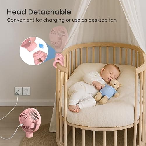 Coohea Portable Stroller Fan, 4000mAh Rechargeable Clip on Baby Fan 25H Battery Life, Head Detachable 360° Rotate Mini Fans, 4 Speed Personal Fans with Night Light for Car Seat Crib Bike Treadmill thumbnail 4