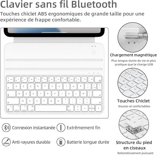 pankeybd ‌Étui Folio Clavier pour iPad A16 2025 11 EME génération et iPad 10 EME génération 2022,Smart Folio,Ultra-Mince,Connexion magnétique,AZERTY, Blanc thumbnail 5