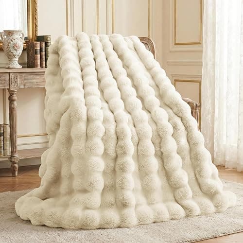L'AGRATY Faux Rabbit Fur Blanket: 50" x 60" Luxury Soft Fluffy Thick Fur Throw Blanket for Couch Bed Sofa - Cozy Plush Bubble Blankets for Winter: Warm Flannel Fleece Decorative Blanket(Almond White) - Image 1