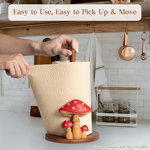 Mushroom Paper Towel Holder - Cottagecore Decor Mushroom Kitchen Home Cottagecore Accessories Cute Stuff, Unique Wood Paper Towel Holder Stand Kitchen Countertop 12.5×7 in thumbnail 2