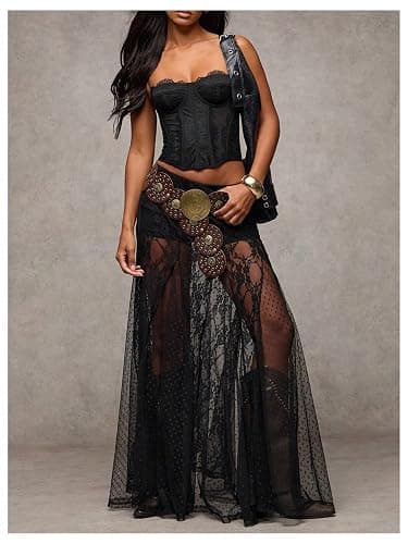 MakeMeChic Women's Lace Sheer Maxi Skirts Floral Split Thigh A Line Ruffle Boho Goth Long Skirts thumbnail 5