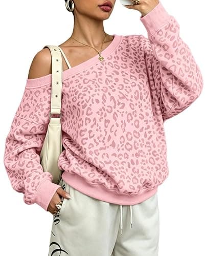 BAIGRAM Women Oversized Leopard Print Fleece One Shoulder Sweatshirt Cute Y2K Grunge Drop Shoulder Pullover Fall Outfits - Image 1