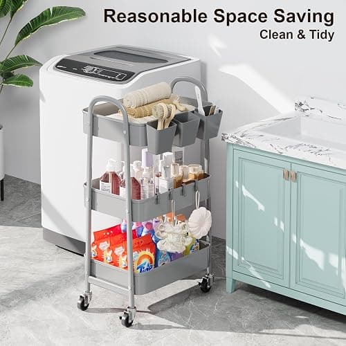 3 Tier Gray Metal Rolling Cart, Mesh Storage Cart with Handle and Lockable Wheels, Multifunctional Three Tiered Utility Organizer Carts for Kitchen, Office, Bathroom, Craft, Art, Snack, Baby Supplies thumbnail 2