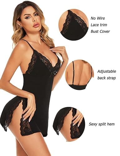 Avidlove Women's Lingerie Sexy Nightwear Spaghetti Strap Nightgown Babydoll | Sexy Lingerie for Women, V-Neck Babydoll Lingerie, Cotton Nightgown, Side Slit Chemise Nighty thumbnail 6