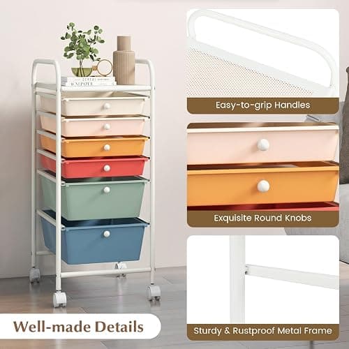 GOFLAME 6-Drawer Rolling Storage Cart, Multifunctional Art Craft Organizer Cart, Mobile Utility Storage Cart with Removable Drawers & Lockable Wheels, Craft Cart for Home Office, Macaron Color thumbnail 6