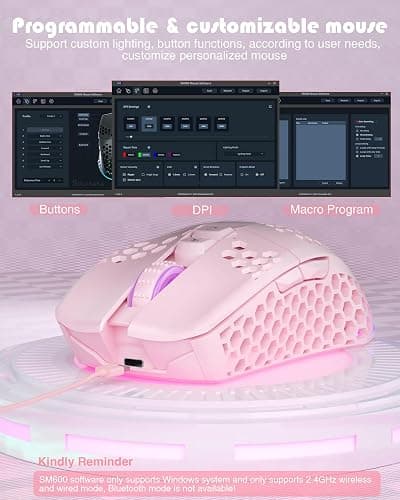 SOLAKAKA SM600 Pink Wireless Gaming Mouse with Honeycomb Shell, Side Buttons,Tri-Modes(BT5.1+BT5.1+2.4GHz) Lightweight RGB Wireless Mouse for PC/Tablet/Desktop/Office/Games thumbnail 7