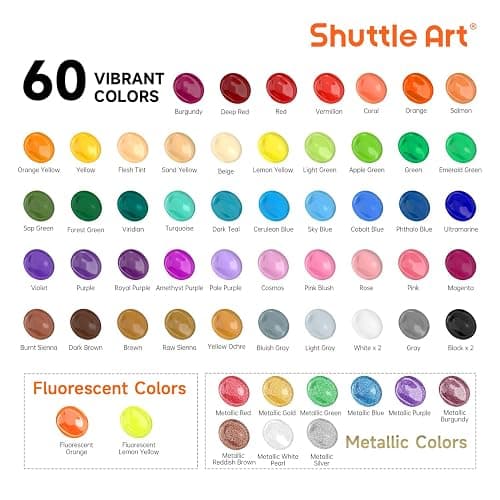 72 Pack Acrylic Paint Set, Shuttle Art 60 Colors Acrylic Paint Including Extra White Black & 12 Brushes, 2oz/60ml, Rich Pigmented, Water Proof, Ideal for Artists, Beginners on Canvas Rock Wood Ceramic thumbnail 2