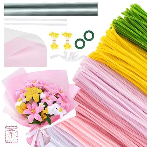 600PCS Pipe Cleaners Flower Kit, Pipe Cleaners Craft Bulk Chenille Stems Flower Making Set with Floral Wrapping Paper, Gardening Tape, Stamen, Floral Wires & Ribbon for Art and Craft Supplies - Image 1