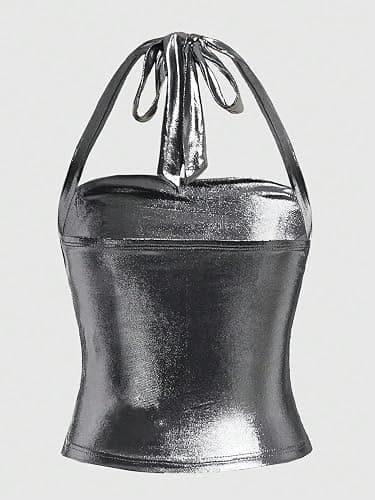 Floerns Women's Sparkly Metallic Clubwear Halter Tie Neck Sleeveless Ruched Tank Top thumbnail 2