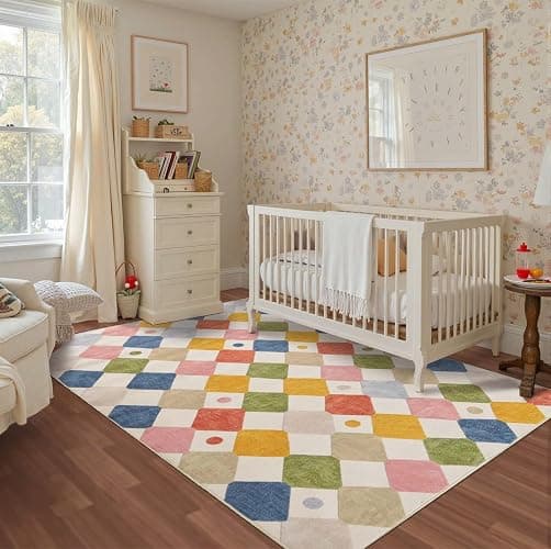 jinchan Macy 5x7 Area Rug for Kids Room Modern Colorful Checkered Diamond Nursery Rug Indoor Washable Soft Non Slip Carpet for Playroom Classroom Bedroom Dorm Daycare Living Room Circus on Cream - Image 1
