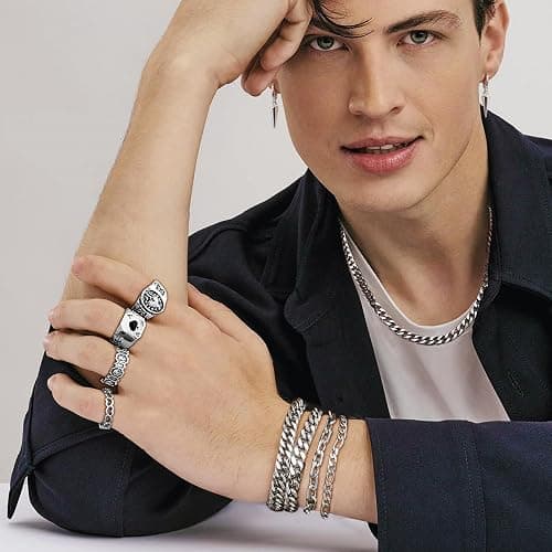FEYIR 37 Pcs Jewelry Set for Men Stainless Steel Cuban Link Necklace Bracelet Vintage Rings Hoop Stud Earrings Mens Fashion Jewelry thumbnail 7